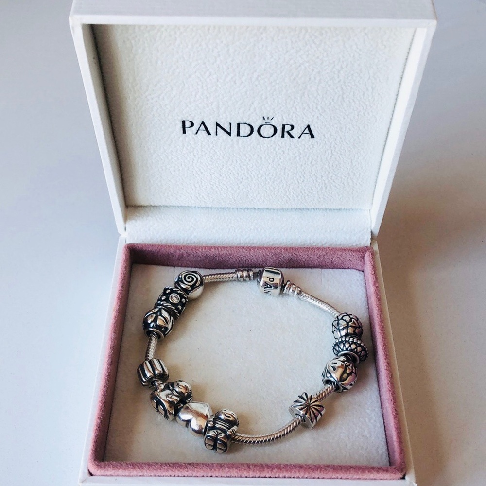 Pandora bracelet with 9 charms and 2 clips